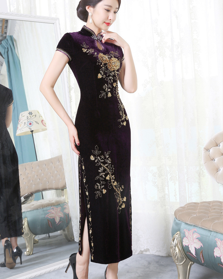 新款金丝绒复古改良钉珠走秀高档旗袍gysd047048