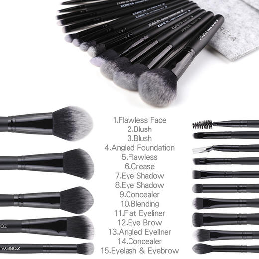 【美妆个护】ZOREYA15支礼品化妆刷工具套装黑色人造纤维黑色木柄化妆刷套装 商品图2