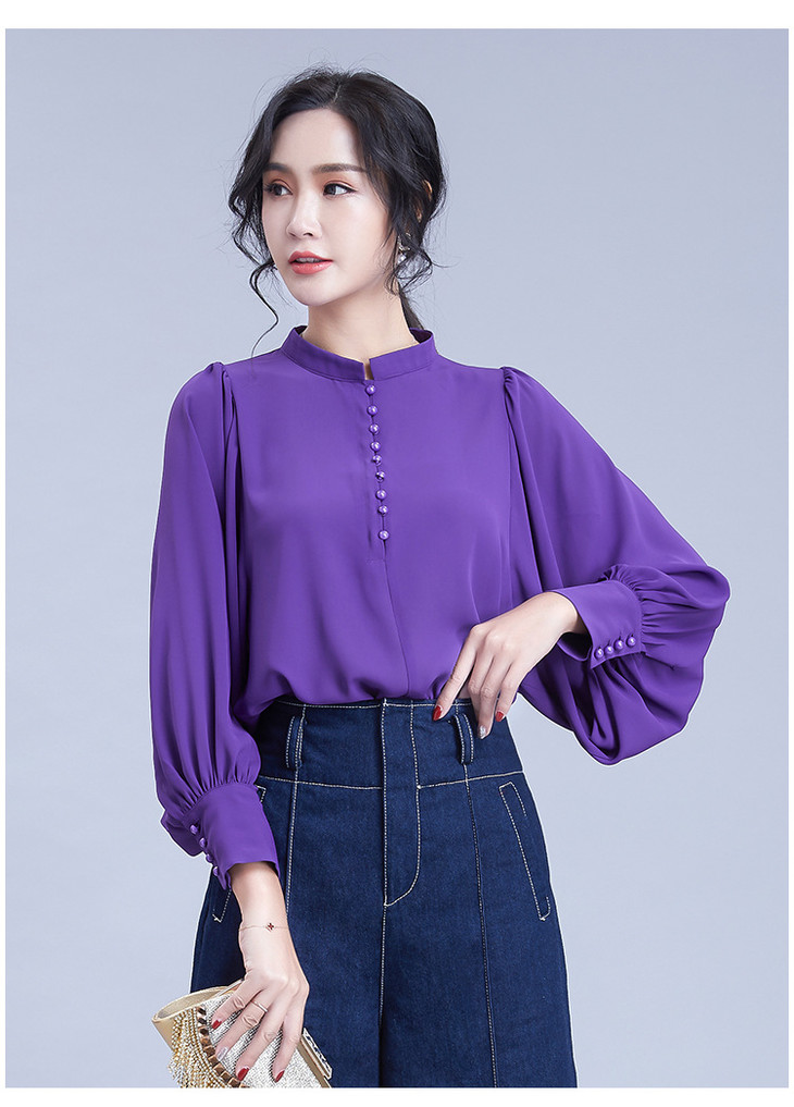 hy19019纯色灯笼袖立领女装雪纺衫