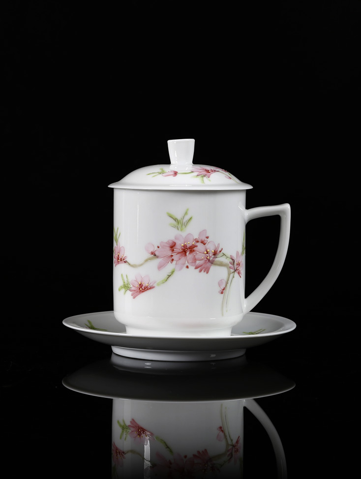 景德镇陶瓷 国瓷红叶 水点桃花杯碟