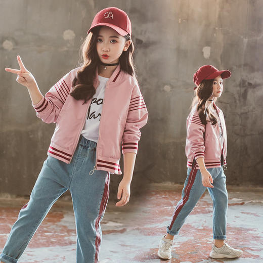【女童服】童套装新款韩版女童春装棒球服外套两件套中大儿童牛仔裤套装 商品图2