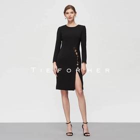 19SSDU79 炭黑色修身多扣开衩连衣裙