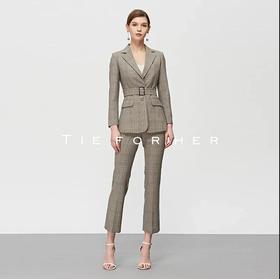 19SSDU112 椰棕色格纹腰带西装两件套