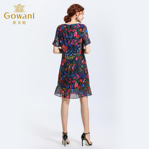 乔万尼夏季时尚国潮印花拼接网纱气质桑蚕丝连衣裙女EN2E561 商品图3