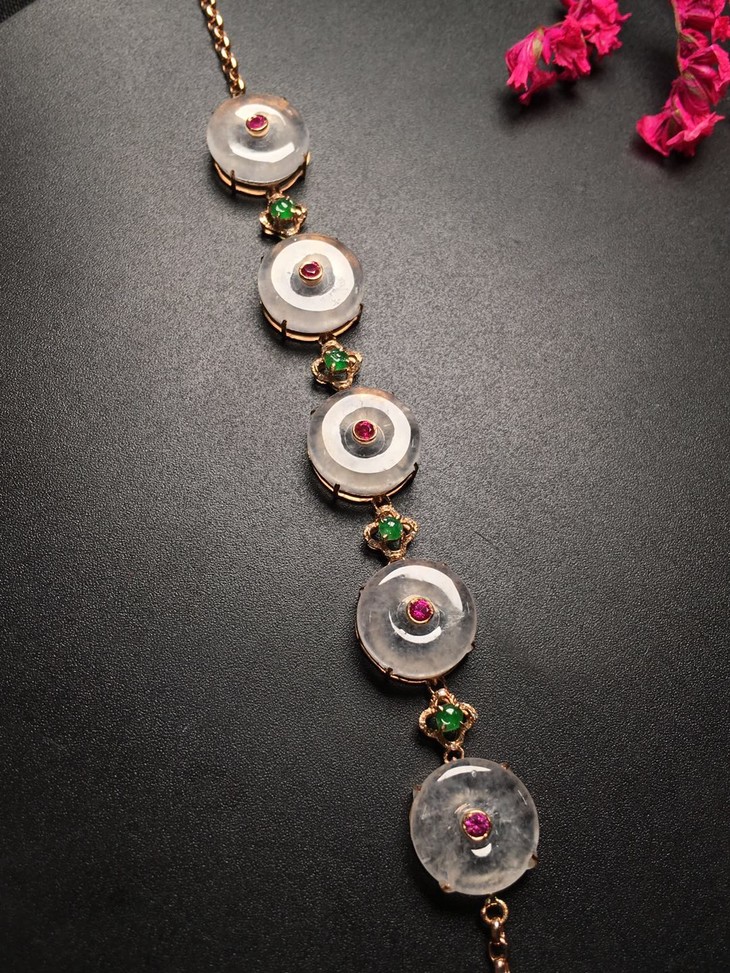 d10112翡翠18k金镶嵌冰种平安扣手链