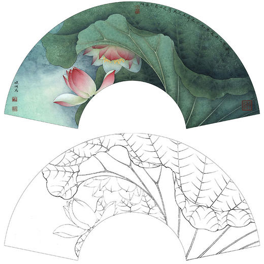 李晓明工笔花鸟白描底稿荷花扇面小品多种白描尺寸可选k073