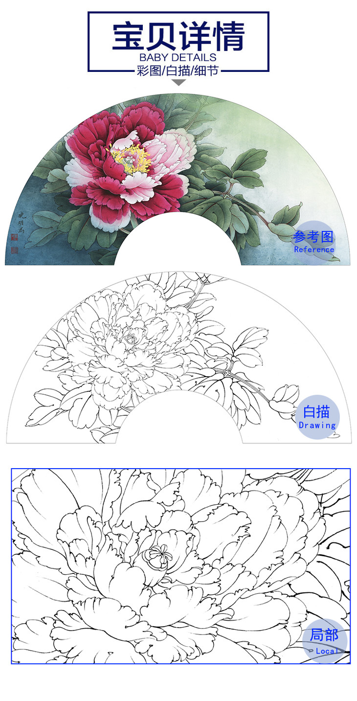 李晓明工笔花鸟白描底稿牡丹扇面小品二乔多种白描尺寸可选k007