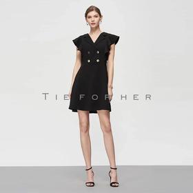 19SSDU80 炭黑色荷叶袖连衣裙