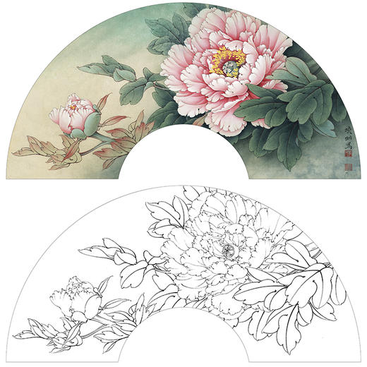李晓明工笔花鸟画白描底稿牡丹扇面小品赵粉多种白描尺寸可选k002