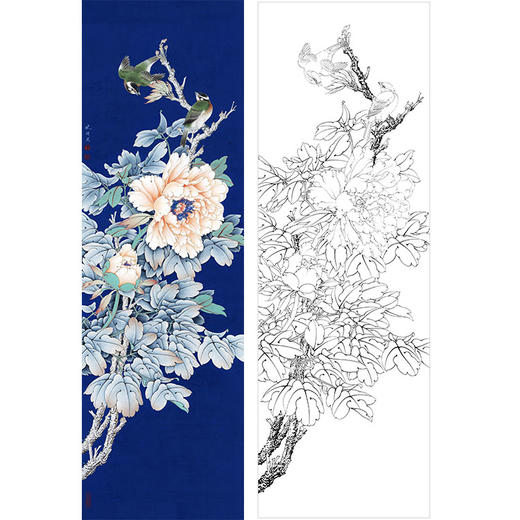 李晓明竖幅条屏工笔花鸟白描底稿牡丹富贵白头立轴多种白描尺寸可选k