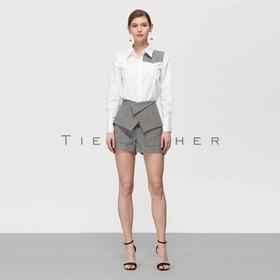 19SSDU158 皓白色拼接布鲁灰格纹衬衣