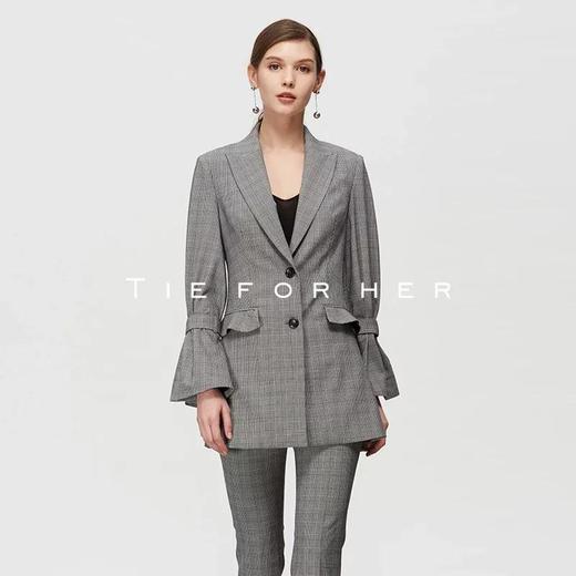 19SSDU132 黑白秦王格绑带喇叭袖两件套 商品图1