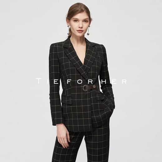 19SSDU39 黑色格纹拼接皮革西装两件套 商品图2