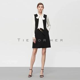 19SSDU161 黑白撞色拼接一字肩连衣裙