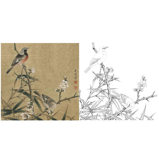 李晓明临宋花鸟作品底稿梅竹双雀图斗方小品册页k063