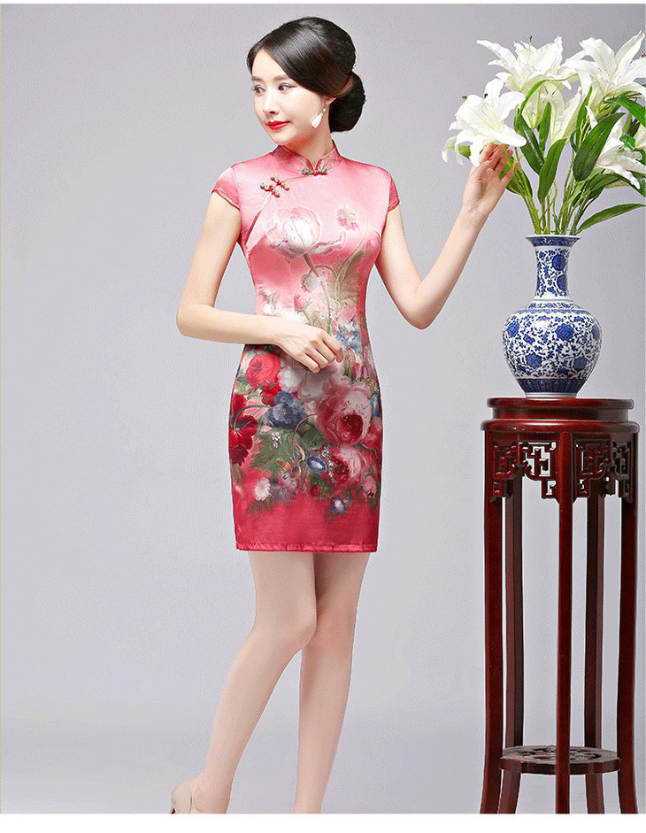 特价清仓不退换tjz红粉佳人桑蚕丝真丝短款旗袍