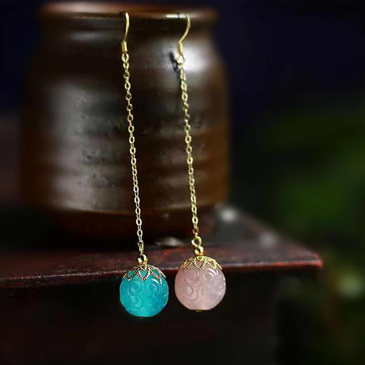 元气硬糖＊双色设计天河石粉晶回纹珠老银耳饰 商品图0