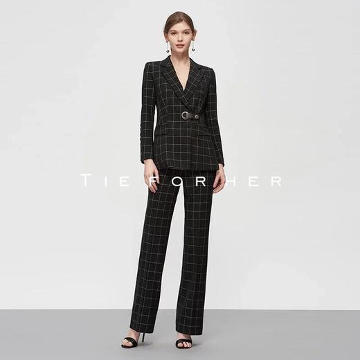 19SSDU39 黑色格纹拼接皮革西装两件套 商品图0