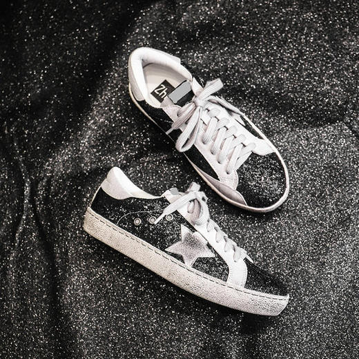 【服饰鞋包】鞋女韩版做旧脏脏鞋亮片星星小白鞋平底板鞋 商品图1