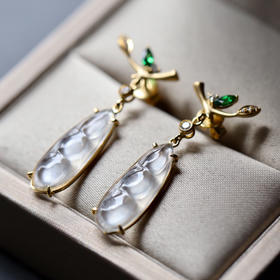 玻璃种翡翠福豆耳坠18k黄金沙弗莱石镶嵌