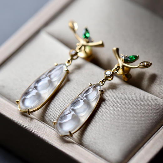 玻璃种翡翠福豆耳坠18k黄金沙弗莱石镶嵌 商品图0