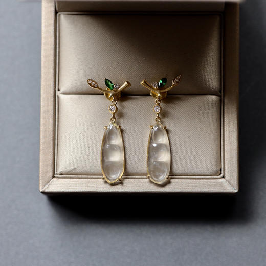 玻璃种翡翠福豆耳坠18k黄金沙弗莱石镶嵌 商品图6