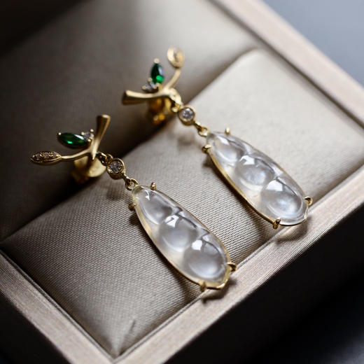 玻璃种翡翠福豆耳坠18k黄金沙弗莱石镶嵌 商品图7