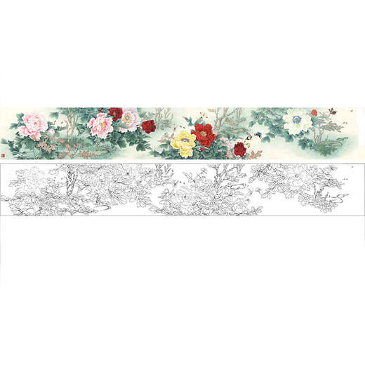 李晓明横幅工笔花鸟白描底稿-牡丹长卷-多种白描尺寸可选-K052 商品图0