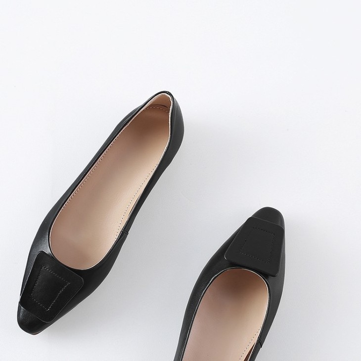 女鞋春夏季女式皮鞋尖头饰扣舒适平跟女鞋里外全皮牛筋底平底单鞋