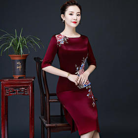 改良真丝，绣花礼服旗袍裙LHS004