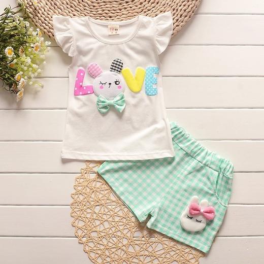 【女童】夏季女童卡通T恤+格子短裤套装女孩可爱兔子套装 商品图2