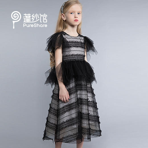 pureshare 蓬纱馆 春儿童黑色时尚拼接蕾丝长裙女宝宝短袖连衣裙-黑色拼接连衣裙 商品图4