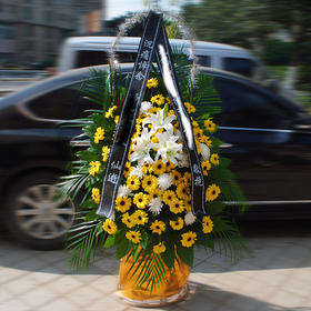 菊花花篮-清明节重阳节祭奠扫墓哀悼上坟黄白色菊花花束