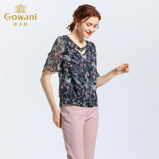 乔万尼夏季上衣设计感桑蚕丝时尚仙气印花短袖真丝衬衫女EN2C556 商品图3