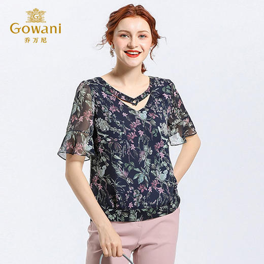 乔万尼夏季上衣设计感桑蚕丝时尚仙气印花短袖真丝衬衫女EN2C556 商品图1