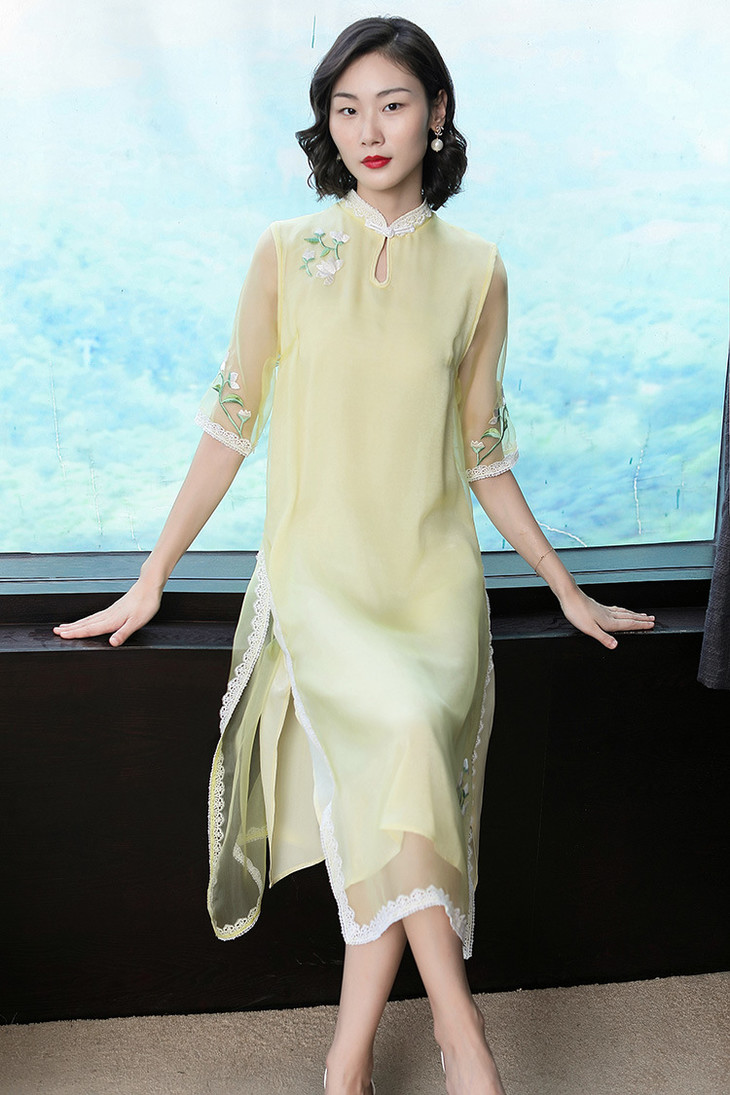 hlw9707新款桑蚕丝改良旗袍真丝裙