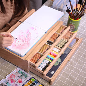 榉木桌面台式抽屉儿童卷纸画架画板套装木制折叠写生水彩油画画箱