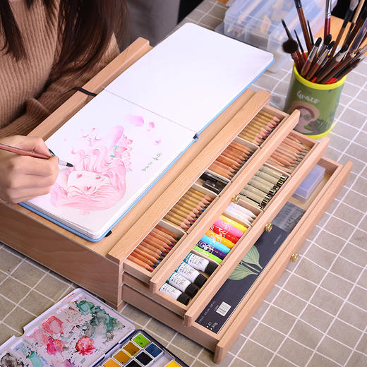 榉木桌面台式抽屉儿童卷纸画架画板套装木制折叠写生水彩油画画箱 商品图0