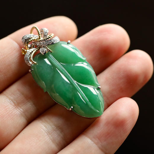 冰种阳绿翡翠叶子18k白金钻石镶嵌 商品图6