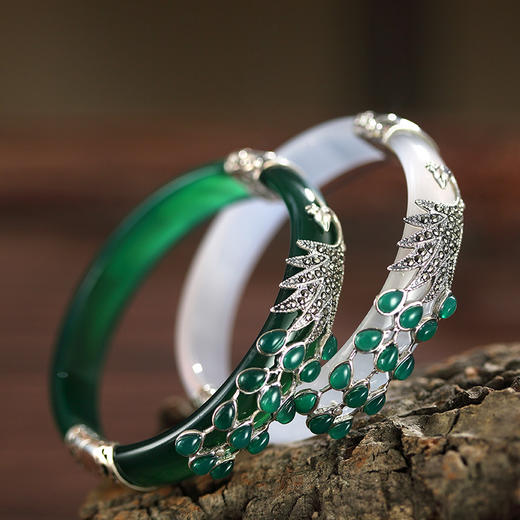 20下架)s925纯银孔雀手镯女镶嵌马克赛石玉髓玛瑙开口镯子手环hbl0838