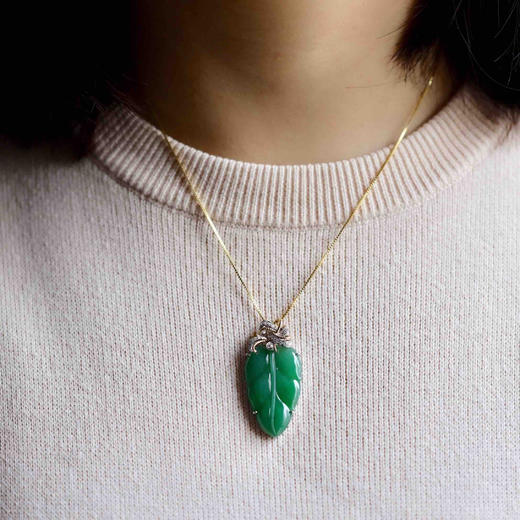 冰种阳绿翡翠叶子18k白金钻石镶嵌 商品图9