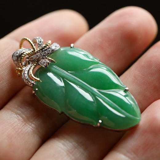 冰种阳绿翡翠叶子18k白金钻石镶嵌 商品图7