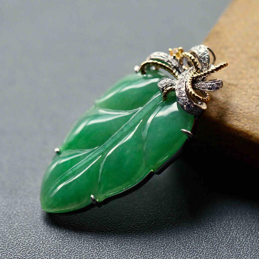 冰种阳绿翡翠叶子18k白金钻石镶嵌 商品图3
