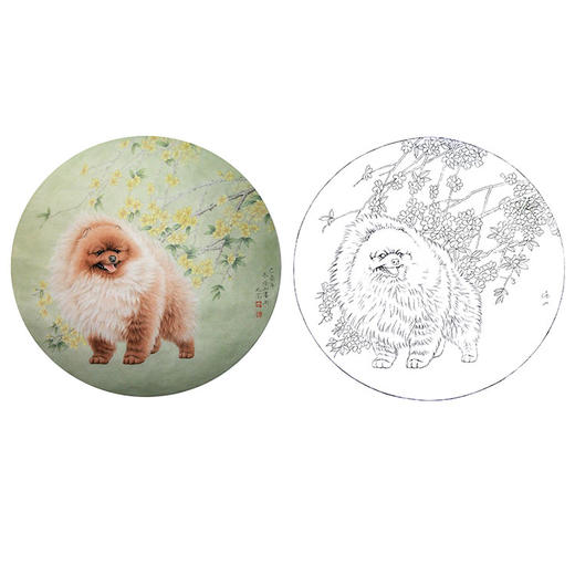 工笔动物白描底稿-李保山-狗小品《秋风惬意》-多种白描尺寸可选-EL10 商品图0