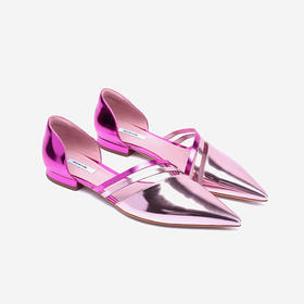 新年闪购lost in echo粉色亮皮双条带单鞋女 时尚中空平底低跟女鞋