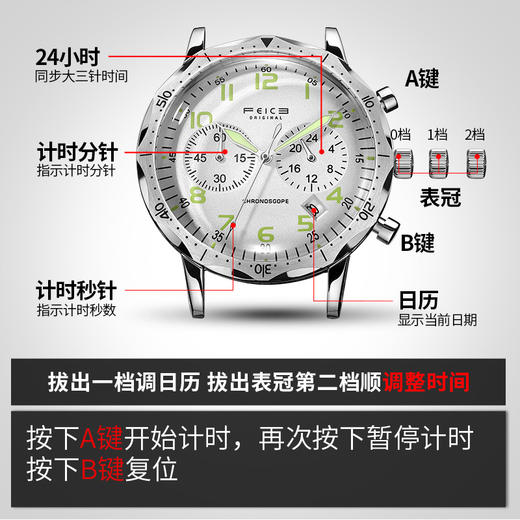 飞克男士手表夜光防水新款钢带时尚潮时尚创意简约学生多功能男表FS302 商品图4