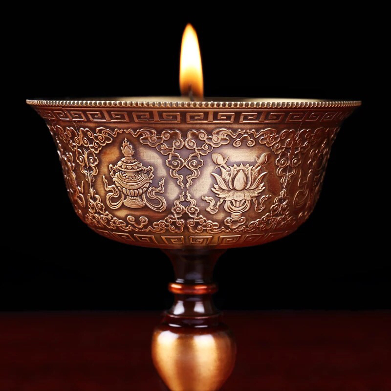 纯铜酥油灯灯座八吉祥佛前长明灯藏传佛教佛供灯佛堂固液体酥油用