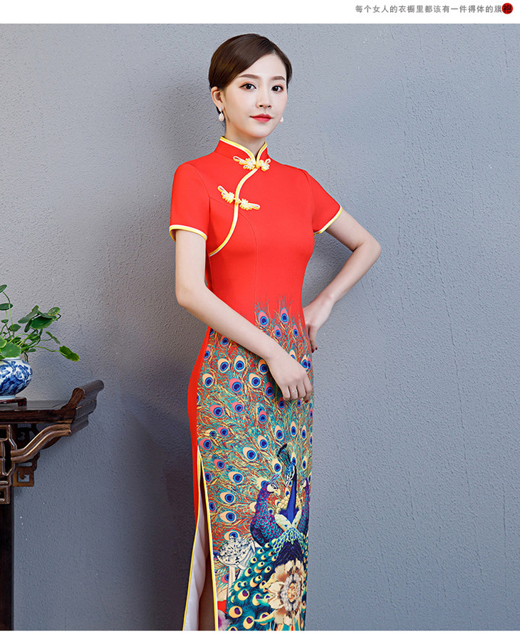 yj2321修身大码孔雀印花旗袍