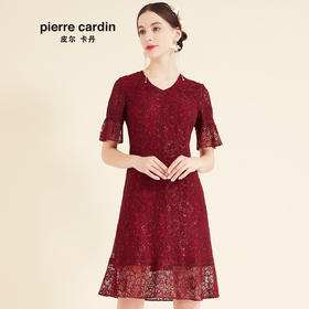 皮尔卡丹女装酒红色蕾丝喇叭袖V领连衣裙显瘦气质短袖A字裙减龄装
