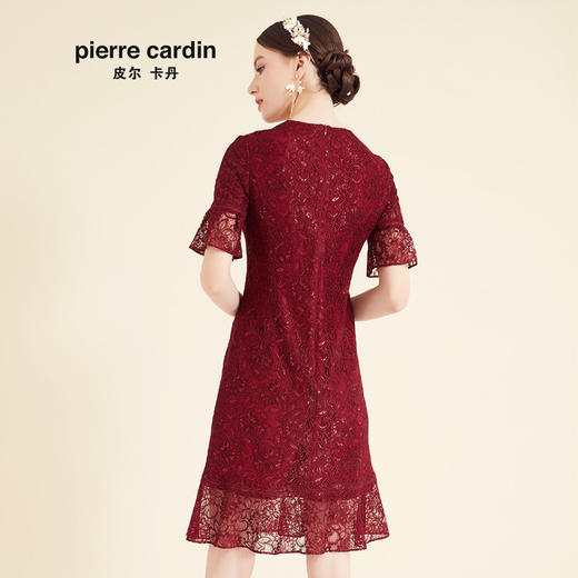 皮尔卡丹女装酒红色蕾丝喇叭袖V领连衣裙显瘦气质短袖A字裙减龄装
 商品图2